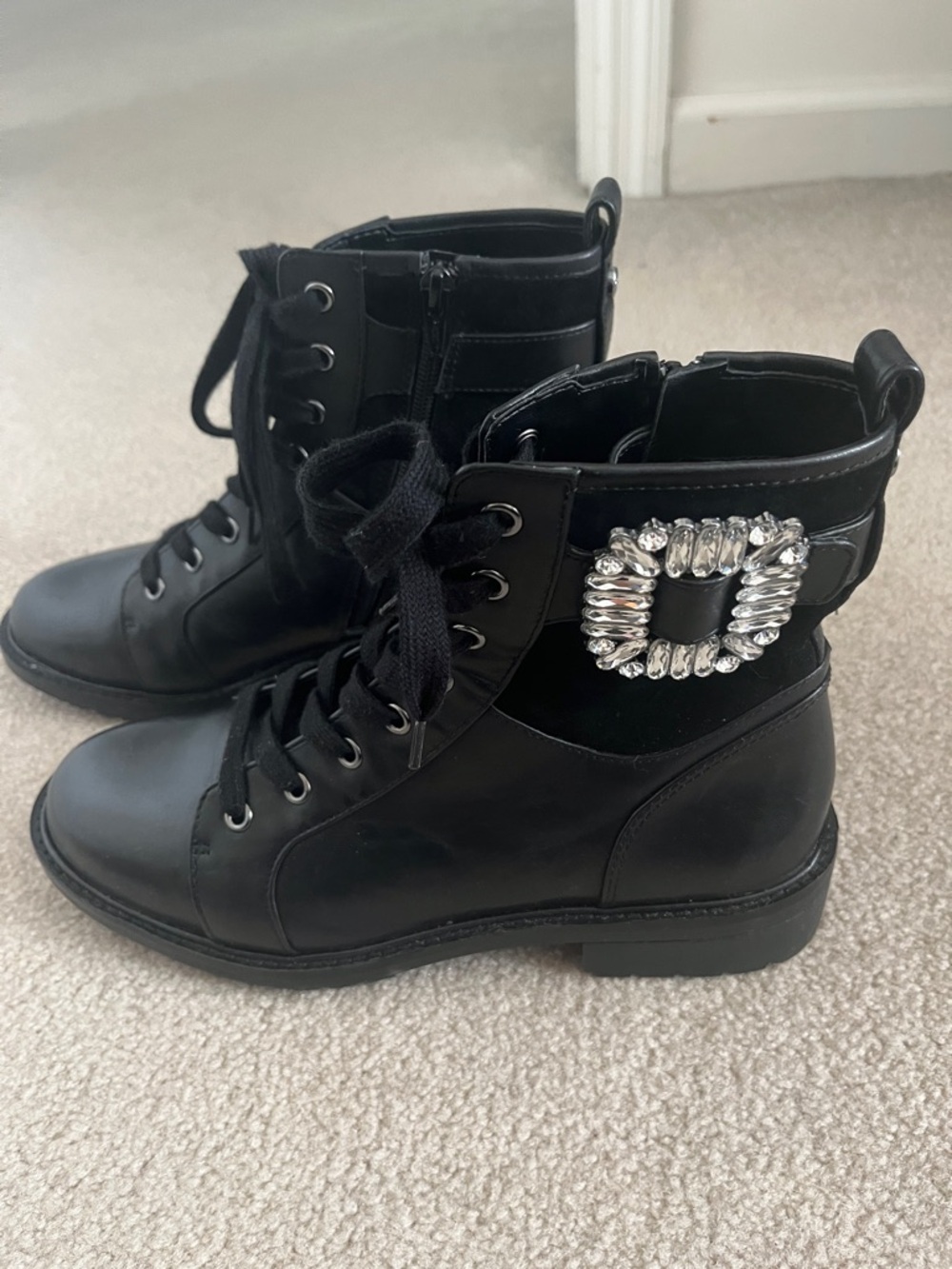 Alex Marie Black Women's Lace-Up Combat Boots with Decorative Crystal Buckle